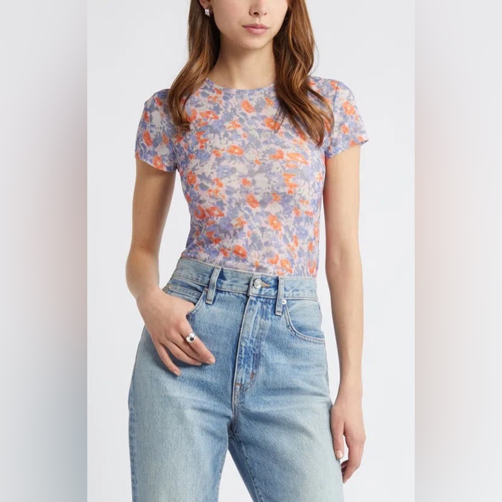 OPEN EDIT
Sheer Short Sleeve Top In Pink Multi Sky Floral Mesh Top Purple Orange